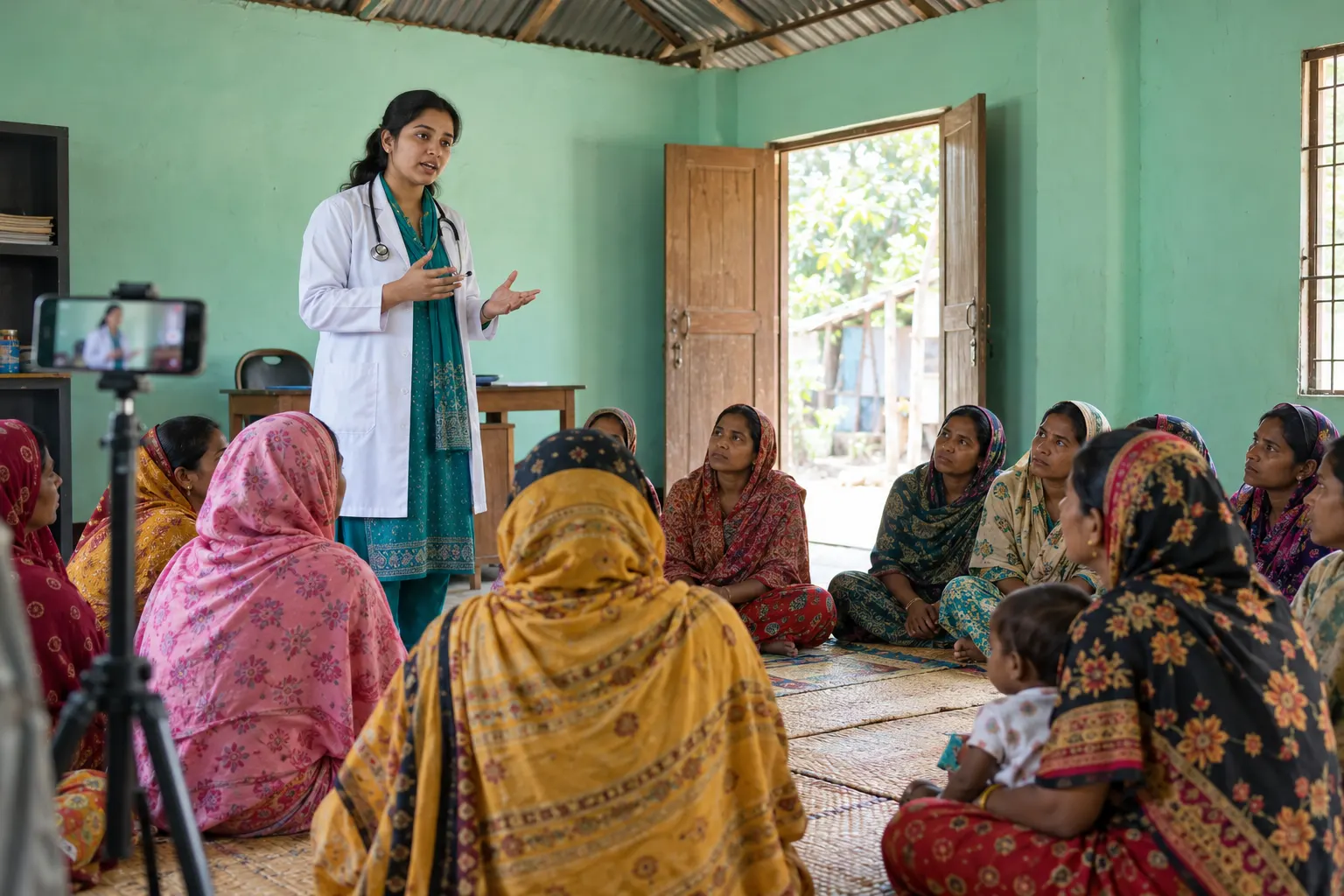 A doctor leading a health session with women in a community centre in Bangladesh